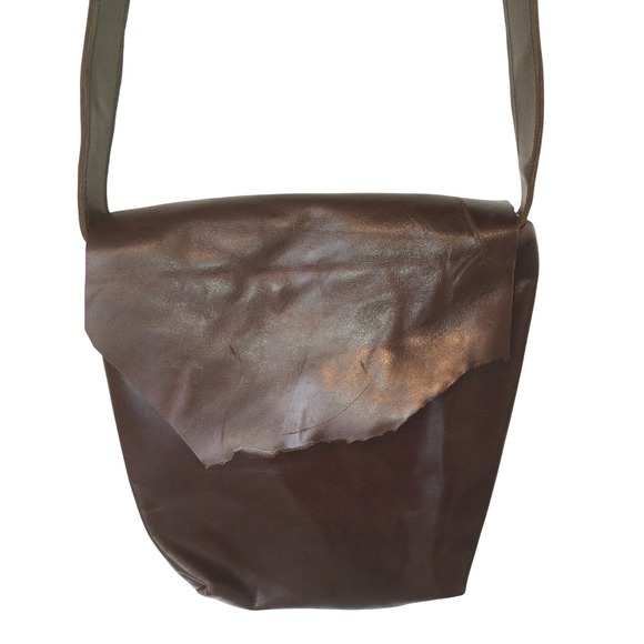 Unbranded Handbags - Handmade Brown Leather Crossbody Bag Raw Edge Flap Striped Lining By Dorthea